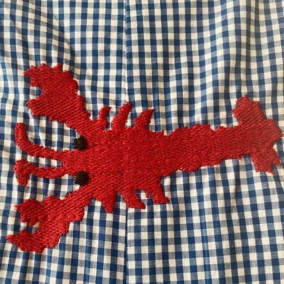 Lobster Embroidered in Red on Navy and White Checkered Overalls Longall 3T  - Picture 4 of 7